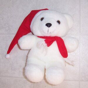 Vintage 90s Christmas Polar Bear Plush Stuffed Animal with Santa Hat and Scarf